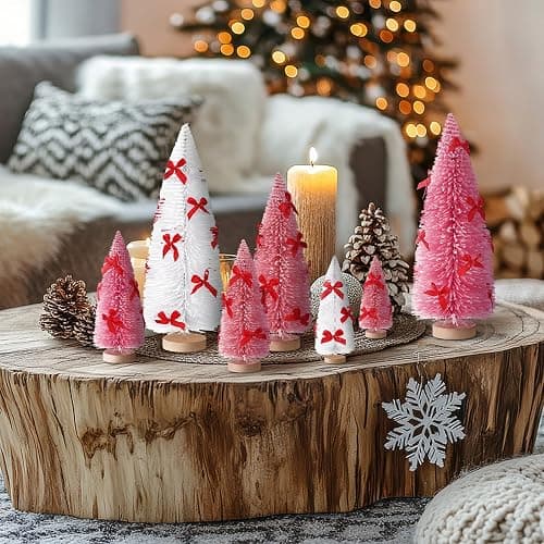 Soaoo 12 Pack Bottle Brush Christmas Trees with Bow 5 6 8 10 Inches Artificial Christmas Tree Decorations with Wood Base for Winter Snow Miniature Scene Tabletop Decor(White, Pink, Dark Pink) thumbnail 5