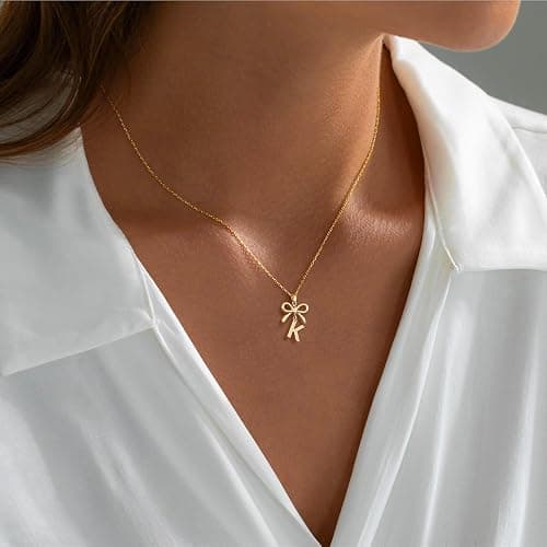 JIAOGE Christmas Gifts for Women Teen Girls Kids - Gold/Silver Bow Necklace Dainty Initial Necklaces for Women Girls Gold Necklace for Women Birthday Gifts for Womens Teen Girl Gifts for Girls Jewelry thumbnail 3