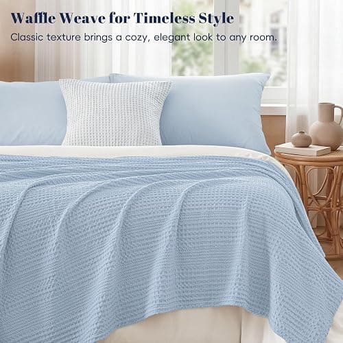 PHF Lightweight Waffle Weave Blanket Queen Size, Breathable & Ultra Soft, 90"x 90" Soft & Cozy Thin Blanket for Spring & Summer & Hot Sleepers, Bed, Home Decor - Sky Blue thumbnail 3