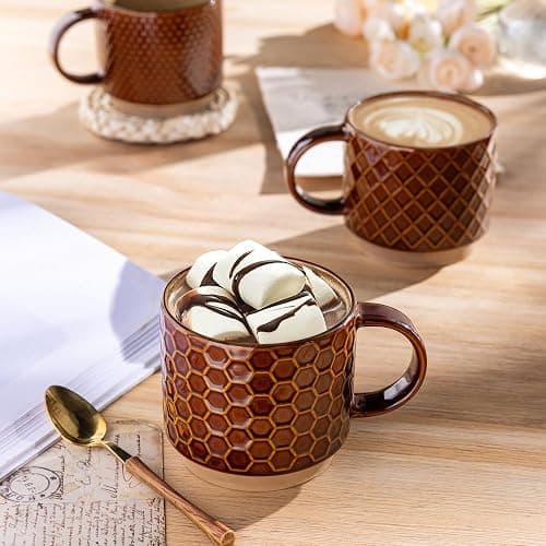 GBHOME 12 OZ Stackable Coffee Mugs, Ceramic Coffee Cups with Texture Patterns for Man,Woman,Dad,Mom, Modern Coffee Mugs Set of 4 for Latte/Cappuccino/Cocoa. Dishwasher&Microwave Safe - Caramel - 12oz thumbnail 4