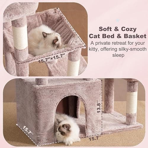Heybly Heavy Duty Cat Tree, Tower for Indoor Cats Large Adult, Tall Cat Condo House with Extra-Large Baseboard, Multi-Level Plush Furniture with Scratching Posts, Hammock,Toy Balls,Muchroom HCT026MU thumbnail 6