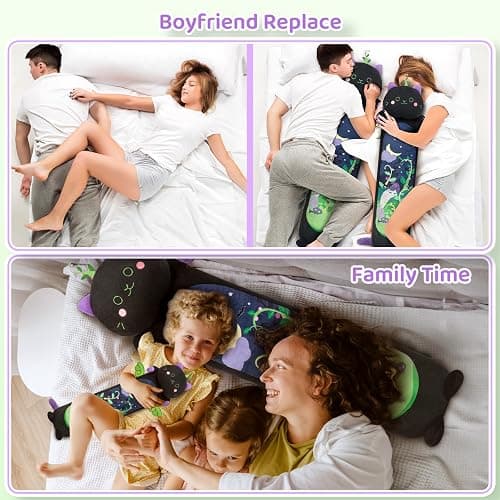 Mewaii Long Cat Plush 5 Sizes, 120% Extra Filling Giant Plushness Kids Body Pillow, Kawaii Cute Black Cat Stuffed Animals Plushies, Big Long Body Pillow Black Cat Plush Gift for Girls 20” - Black Mint Cat - 19.6in/50cm thumbnail 4