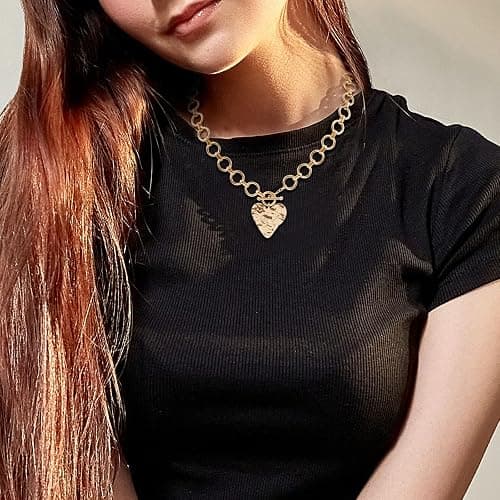 Mikovivi Chunky Gold Pendant Necklaces for Women, Large Statement Hammered Heart Pendant Necklace Vintage Chunky Gold Chain Necklace for Women Trendy Jewelry Gift thumbnail 5