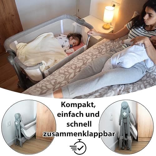 Twinly - Beistellbett 2-in-1, Babybett Faltbar und Höhenverstellbar COMFORTLY, 0-6 Monate, 5 Höhenstufen, Atmungsaktive Matratze, Netzseiten, 4 Rollen, Tragetasche, Einfach zu Transportieren (Beige) - Beige thumbnail 4