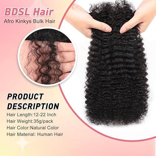 BDSL Afro Kinkys Bulk Human Hair for Braiding Afro Kinky-Curly Human Hair Bulk for Mini Twist Afro Kinky Bulk Hair for Dreadlocks Extensions Repair Locs Micro Locs Extension 14Inch(1B,35g/pack) thumbnail 3