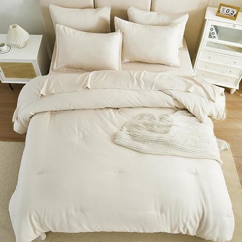 Litanika Beige Bed in a Bag Full - 7 Pieces Full Size Comforter Sets Bedding Comforter Sets, Solid Fluffy Bed Set with Comforter, Sheets, Pillowcases & Shams thumbnail 7