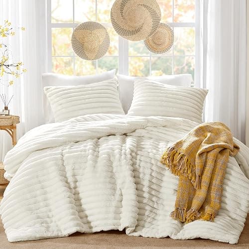 Intelligent Design Queen Comforter Set, Plush Bedding, Microfiber Reverse, 3 Piece, Lightweight, Super Soft Ribbed Velvet Comforter 2 Shams, All Season Fluffy Bed Set, Avril, Full/Queen Ivory - Image 1