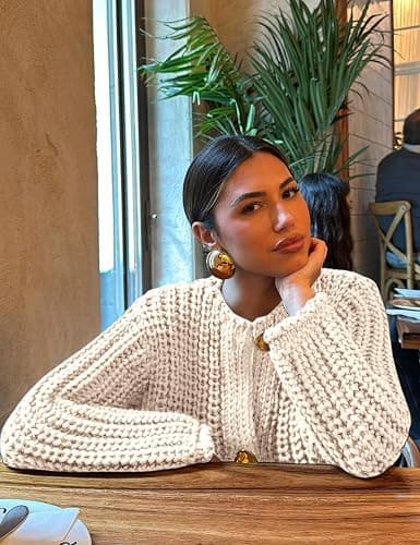 Arssm Womens Cropped Cardigan Sweaters Chunky Open Front Button Down Knit Sweater Long Sleeve Loose Cardigan Outerwear thumbnail 2