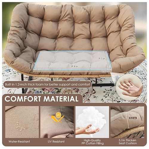 NICESOUL Double Large Papasan Chair Outdoor, Oversized 2 Person Egg Rocking Chair with Cushions, 700 lbs Heavy-Duty Wicker Loveseat Recliner Glider for Outdoor & Indoor Patio, Balcony & Garden, Brown thumbnail 6