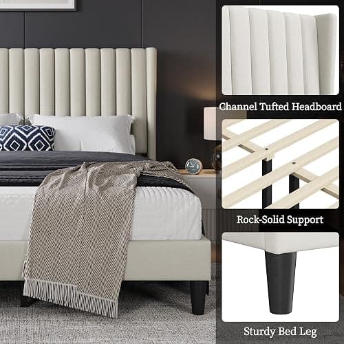 Yaheetech Queen Bed Frame Upholstered Platform Bed with Fabric Headboard, Wing Edge Design/Non-Slip and Noise-Free/Wooden Slats Support/No Box Spring Needed/Easy Assembly, Beige Queen Bed thumbnail 4