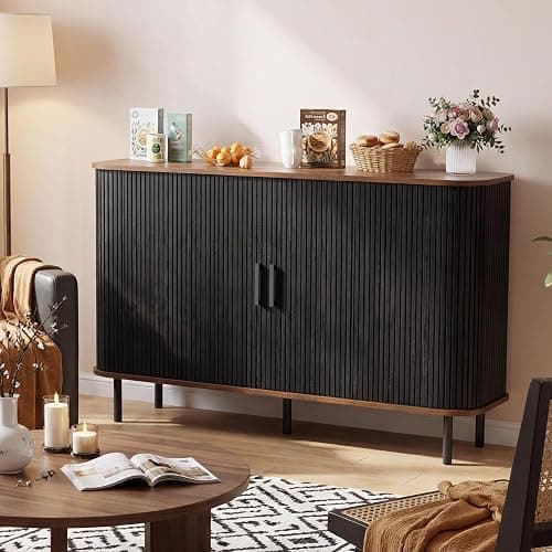 BonVache Sideboard Cabinet, Buffet Storage Cabinet, Kitchen Cupboard with Tambour Sliding Door, Storage Unit for Living Room Home Dinning Room Modern,Black thumbnail 5