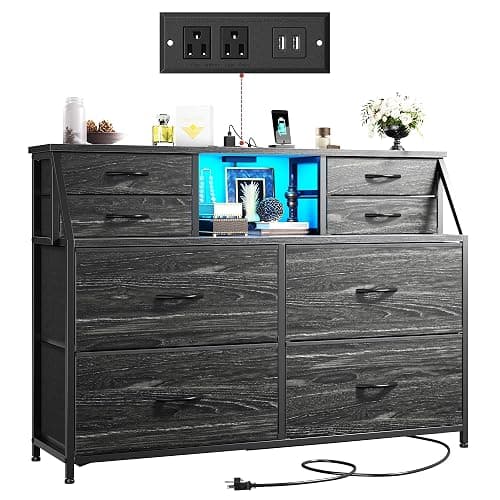 Romorgniz Dresser for Bedroom with Charging Station and LED, Sturdy Chest of Drawers with 8 Drawers and Two Open Shelves for Storage,Bedroom, Living Room,Hallway (Black) - Black - Image 1
