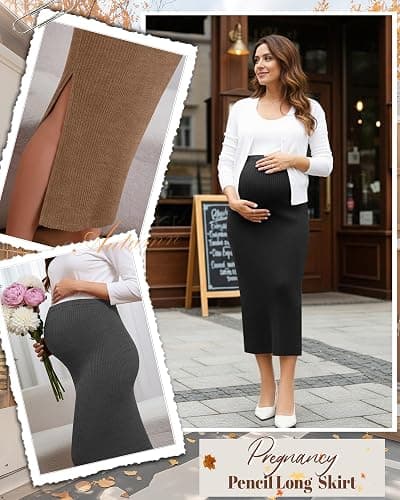 Neer 3 Pack Women's Maternity Skirts, Split Midi High Waist Ribbed Knit Solid Stretchy Pregnancy Pencil Long Skirt Clothes thumbnail 5