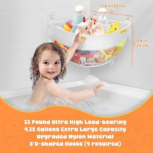 Bath Toy Storage Corner Wall Mounted, 4.32 Gallons Bath Toy Holder, Bottom Zipper Mesh Bathtub Toys Storage Organizer Bag, Quick Access Baby Shower Caddy Quick Dry Bathtub Toys Holder Accessory thumbnail 2