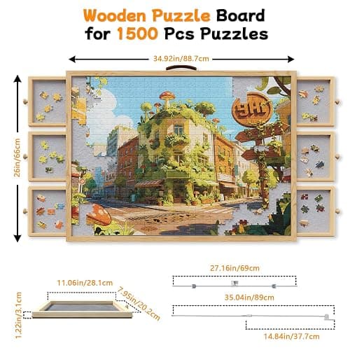 Opprut 1500-Piece Rotating Puzzle Board with Drawers and Cover, Puzzle Tables for Adults, Portable Jigsaw Wood Table with 6 Storage Drawers, Non Slip Felt and Handle, Ideal Gift（35.1"x26"） thumbnail 3