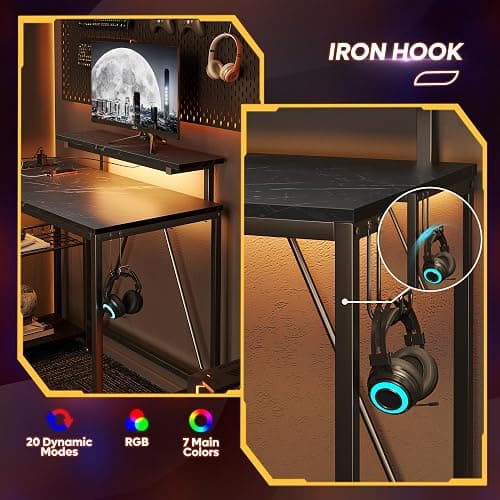 Bestier Small Gaming Desk with Power Outlets,42 L Shaped LED Computer Desk with Monitor Stand Reversible Storage Shelves,Corner Gamer Desk with Headset Hooks USB Port,Black Marble thumbnail 4