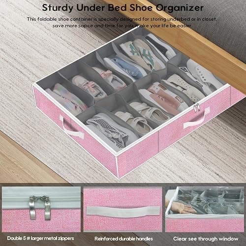 Onlyeasy Large Under Bed Shoe Organizer Container Box, Set of 2, Fit 16 to 32 Pairs of shoes, Underbed Shoes Closet Storage Solution, L37.7x W23.6x H5.9 inch, Cotton-like Pink, MXPUBS16P2 thumbnail 4