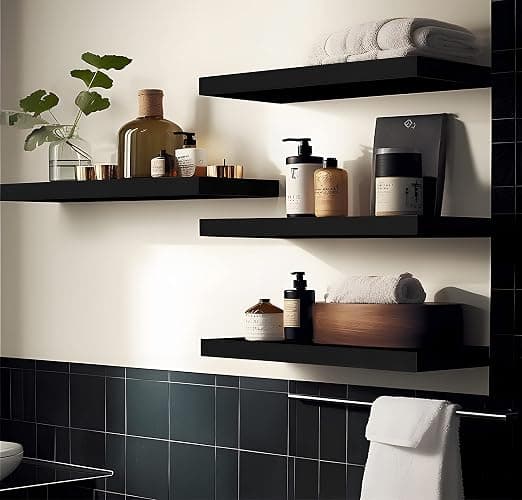 YFYEO Black Wood Floating Shelves for Wall Rustic Wall Shelf for Bedroom Living Room Set of 4 thumbnail 5