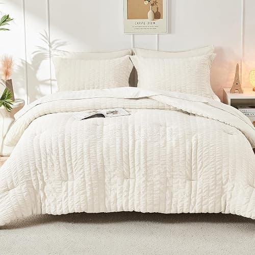 HYMOKEGE Ivory Queen Comforter Set, Seersucker Bed in a Bag Queen 7 Pieces, All Season Luxury Bedding Set with Comforters, Sheets, Pillowcases & Shams thumbnail 8