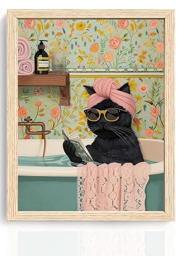 ICHZUMW Funny Black Cat Bathroom Wall Art Decor, Cute Framed Canvas Print Painting, Quirky Animal Pictures Wall Decoration, Humorous Girly Pink Artwork for Bedroom Restroom Powder Room Office, 8x10in - Image 1