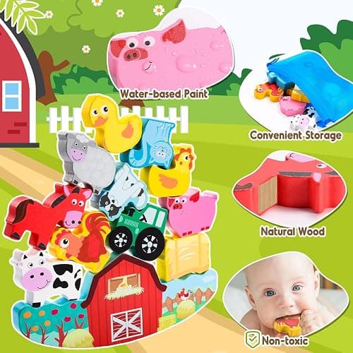 IPOURUP Montessori Toys for Kids 3-7 Wooden Farm Animal Blocks Stacking Games Educational Toy for 3 4 5 6 Year Old Girls Boys Christmas Birthday Gifts for Grandkids Toddler Balance Game Girls Age 3-5 thumbnail 3