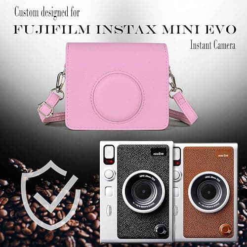 Rieibi Mini EVO Case - Vintage PU Leather Protective Case for Fuji Instax Mini EVO Instant Camera - Removable bag with Adjustable Shoulder Strap Battery Charging Port - Pink thumbnail 3