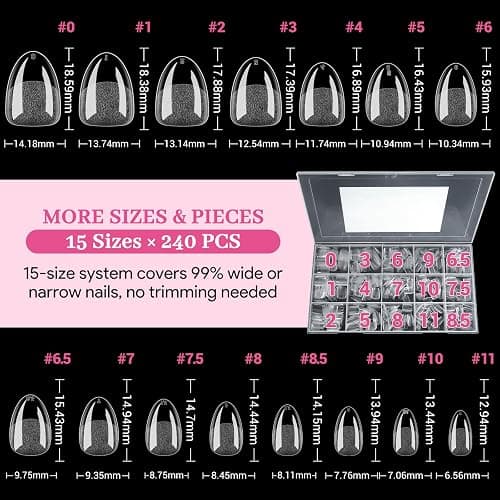 Qiek Extra Short Almond Fake Nail Tips, 15 Sizes 240 PCS Clear Half Matte Press On False Nail Tips Pre-shaped Full Cover Gel Nail Acrylic Soft Tip Extensions Thick Long Lasting for Home DIY Nail Salon thumbnail 7