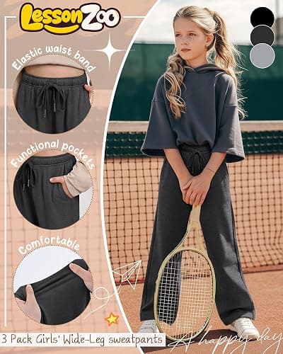 LessonZoo 3 Pack Girls' Sweatpants Wide Leg Drawstring Casual Kids Joggers Open Bottom Loose Solid Teen Pants with Pockets thumbnail 4