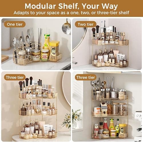 BEFSOP Corner Bathroom Counter Organizer, Upgraded 3-Tier Makeup Organizer Countertop with Makeup Brush Holder, Skincare Exquisite Vanity Organizers Countertop Bathroom Storage Dresser(GOLD) thumbnail 6