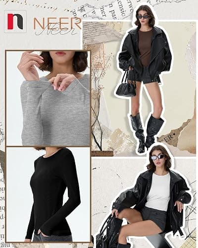 Neer 4 Pack Women's Ribbed Long Sleeve Shirts, Cotton Crew Neck Slim Fit Tops Stretch Knit Casual Base Layer Basic Tee Shirts thumbnail 6