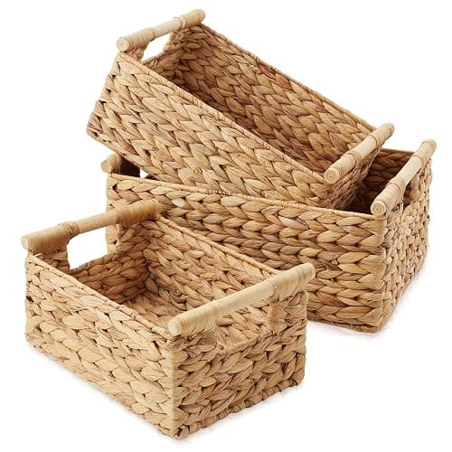 Casafield Set of 3 Water Hyacinth Rectangular Storage Baskets with Wooden Handles - Small, Medium, and Large Woven Nesting Baskets for Organizing - Image 1