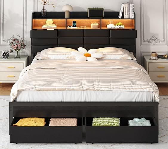 Etditrnp Full Bed Frame with Storage Headboard, Upholstered Black Bed Frame with 4 Drawers, LED Lights, and Charging Station, Heavy-Duty Metal Slats Support, Noise-Free - Image 1