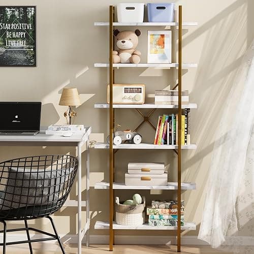 Azheruol 6 Tiers Bookshelf Organizer White Faux Marble Shelf,Modern Open Display Storage Bookcase, and Metal Bookshelf Standing Storage Shelf Tall Shelving Units for Home Office Study thumbnail 3