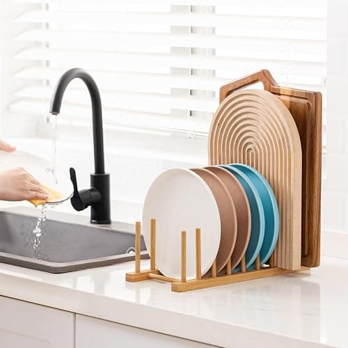 HBlife Heighten Bamboo Wooden Dish Drying Rack Plate Pot Lid Organizer | Plate Bowl Cup Book Pot Lid Cutting Board Stand, Drainer Storage Holder Organizer, For Kitchen Cabinet, 8 Slots thumbnail 2