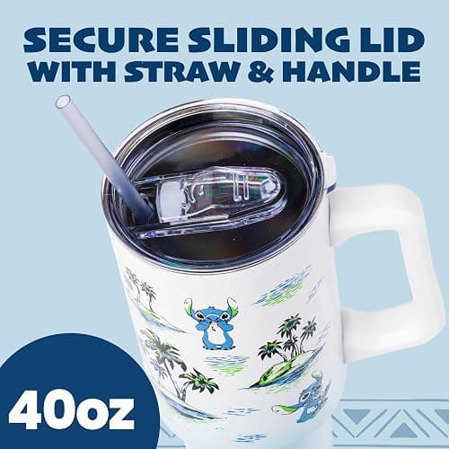 Silver Buffalo Disney Lilo and Stitch Vintage Sketch Palm Trees and Flowers Stainless Steel Tumbler with Handle and Straw, Fits in Standard Cup Holder, 40 Ounces thumbnail 3