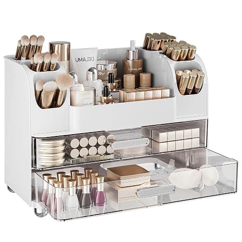 Delamu Makeup Organizer Countertop with 6 Brush Holder, Bathroom Countertop Organizer with 2 Large Drawers, Cosmetic Display Case for Vanity, Ideal Christmas Gifts for Women Girls, Light White - Image 1