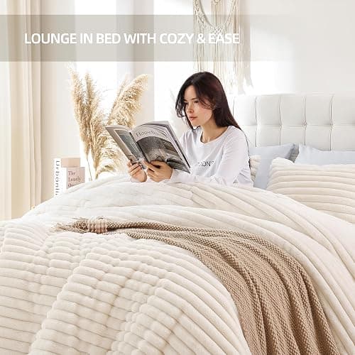 Smoofy Fluffy Twin Comforter Sets 2 Pieces - Cream White Fleece Fluffy Comforter Set, Luxury Fuzzy Twin Bedding Set, Soft Warm Comforter All Season, Heavy Faux Fur Comforter with Pillow Cases thumbnail 6