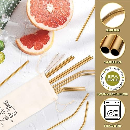 Hiware 12-Pack Gold Stainless Steel Straws Reusable with Case - Metal Drinking Straws for 30oz & 20oz Tumblers Dishwasher Safe, 2 Brushes Included thumbnail 4