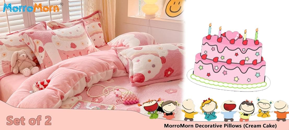 MorroMorn Decorative Pillows Covers Pink Kawaii, 2 Packs Plush Pillow Cases Standard Size, Soft Furry Throw Pillowcase Cushion Shams with Zipper Closure Girls Room Decor (Cream Cake, Standard) thumbnail 3
