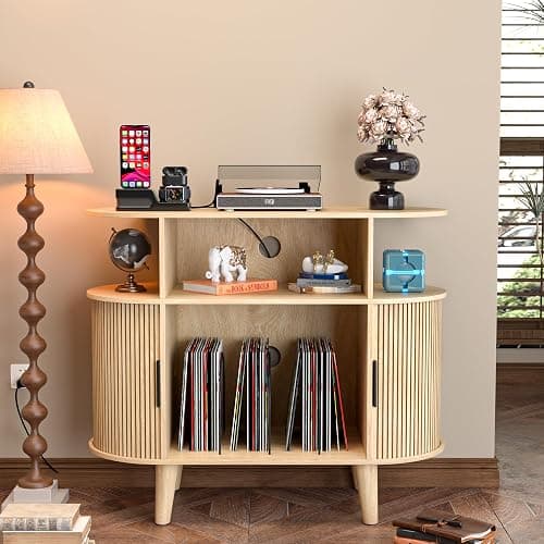 LUVIOHOME Large Round Record Player Stand with Charging Station & USB Ports，Record Storage Cabinet, Mid Century Modern Turntable Stand for Bedroom Living Room (Small Oak) - Image 1