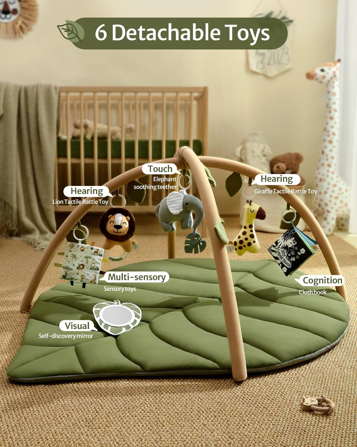 Blissful Diary Baby Play Gym & Activity Mat, Oversize Leaf Shaped Baby Play Mat w 6 Detachable Toys, Tummy Time Mat Promote Motor Skills & Sensory Development Mat, Newborn Infant Baby Essentials Gift thumbnail 4