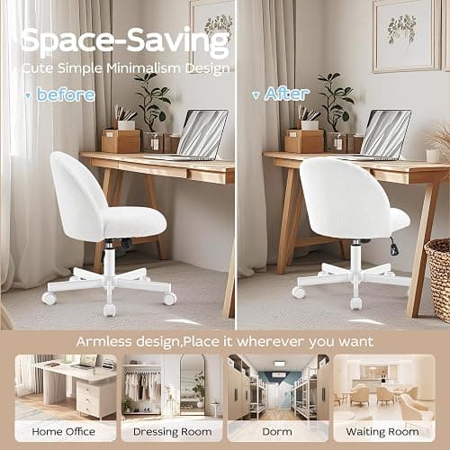 Morkprism Vanity Chair with Back,Armless Desk Chair Cute Small Office Chair,Teddy Fabric Computer Chair with Adjustable Height,120°Tilting,Rolling,Swivel for Vanity,Kids Room,Office,Bedroom White thumbnail 5