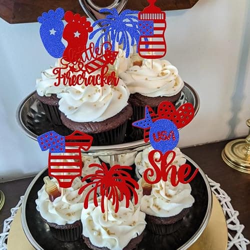 Rsstarxi 36 Pack 4th of July Gender Reveal Cupcake Toppers with Little Firecracker Independence Day Cupcake Picks for Happy Independence Day Gender Reveal Theme Party Cake Decorations thumbnail 7