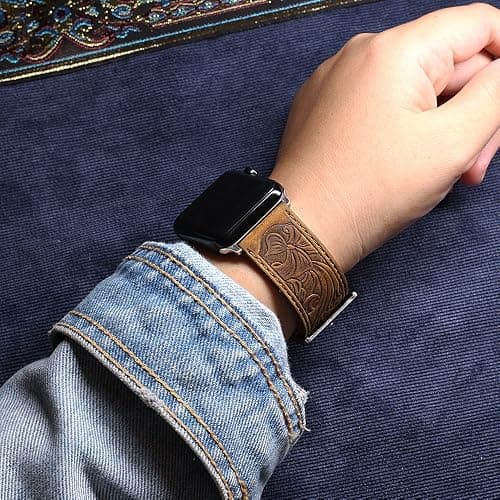 Falandi for Apple Watch Band Leather 40mm 38mm 44mm 42mm, Retro Pattern Leather Classical Replacement Smart Watch Band for iWatch Men Women Series SE 6 5 4 3 2 1 thumbnail 3