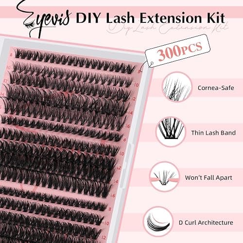EYEVIS Lash Extension Kit 300PCS Lash Clusters Kit D Curl Eyelash Cluster 8-16mm 30D 40D 50D Individual Lashes Kit with Lash Bond and Seal Lash Tweezers（30D+40D+50D-D Kit, 8-16MIX） thumbnail 2