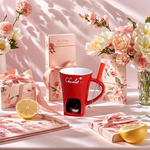 CREHNIL Chocolate Melting Mug Cheese Candy Mini Fondue Pot With Forks (Red) thumbnail 2