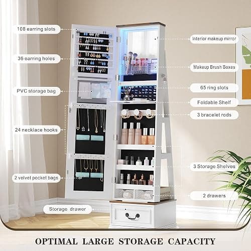 360°Swivel jewelry organizer with Full Length Mirror with Lights,Jewelry Armoire Cabinet Standing with Drawers,Large Mirror Storage for Jewelry and Makeup,Best Gift for Mom,Wife & Girls（White） thumbnail 4