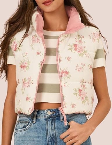 InterNos Womens Cropped Floral Print Puffer Vest Lightweight Stand Collar Zip up Sleeveless Winter Padded Coats thumbnail 2