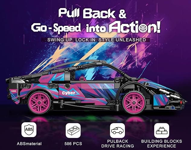 Sosuy Building-Block Race-Car Set, 1:18 Technical Model Kit 586 Pcs DIY Pull-Back Cyberpunk Toy for Boy Girl Kid Age 6+ Year, Birthday Gift for Teen Adult Display, Speed Super Sports Cars Bricks Icons thumbnail 4