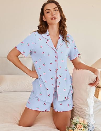Ekouaer Button Up Pajamas Set for Women Short Sleeve Ribbed Knit Sleepwear 2 Piece Pjs Shorts Set thumbnail 4